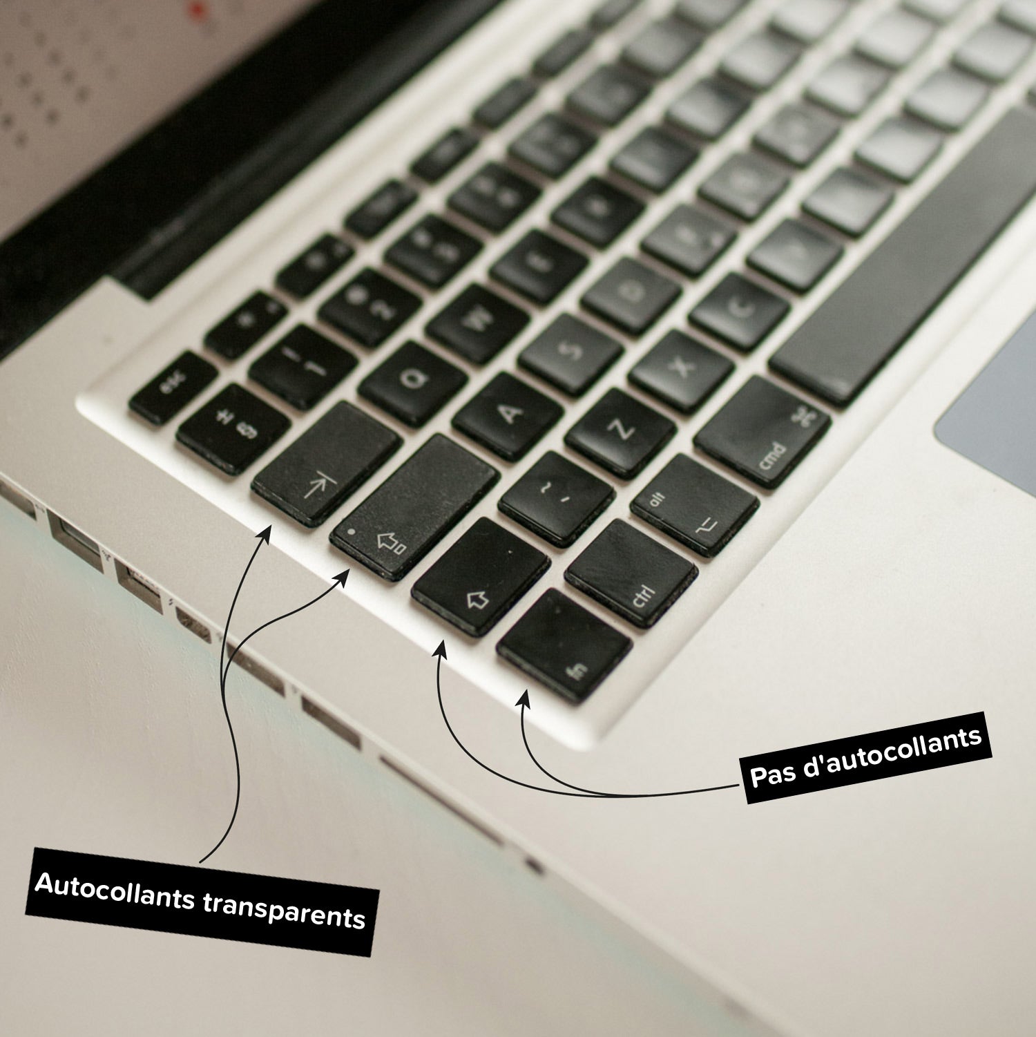 Stickers transparents pour clavier Keyshorts - comparaison avant et après